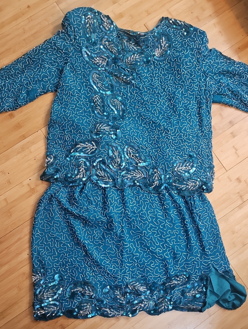 80s rare plus plus size made in india silk Beaded sequin Skirt And Top